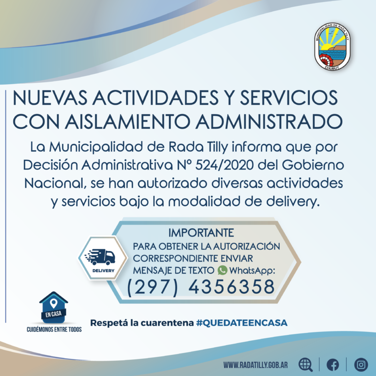 Aislamiento Administrado en Rada Tilly: Autorizan actividades bajo modalidad delivery